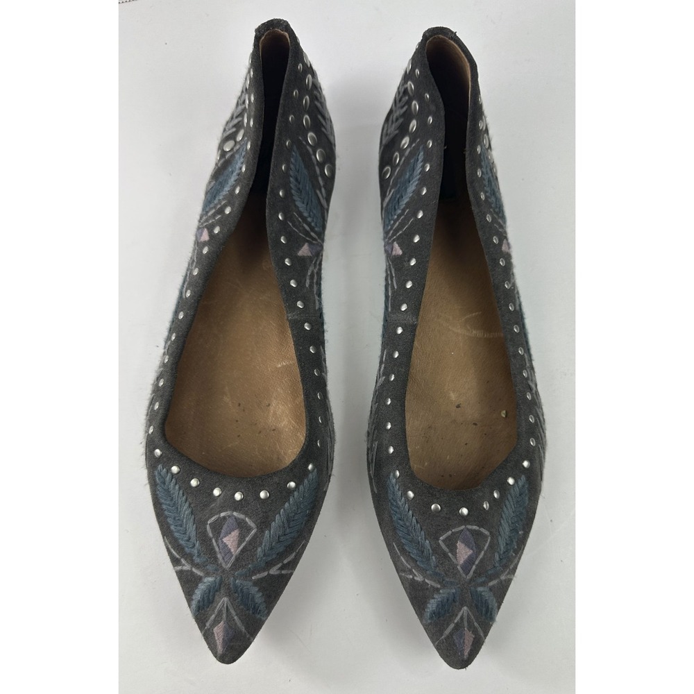 Frye Embroidered Studded Pointed Toe Slip On Ballet Flats Gray Suede 9M Size 9 - Picture 10 of 10